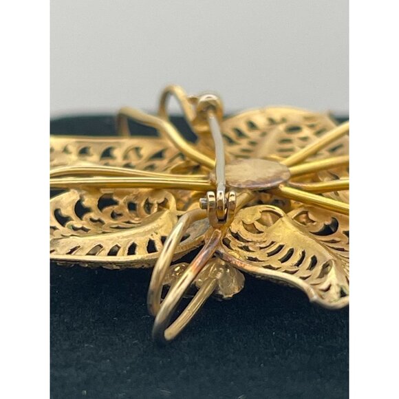 Vintage Gold Tone Brooch Pendant Star Flower Green and Clear Rhinestones 2" - Picture 9 of 11